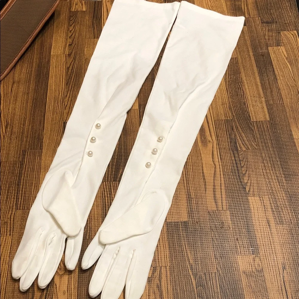 Long White Opera Vintage Gloves with Pearl Buttons